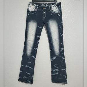 Blue Quest Flare Low Rise Denim Blue&White Patches With Cross Details Jeans 40